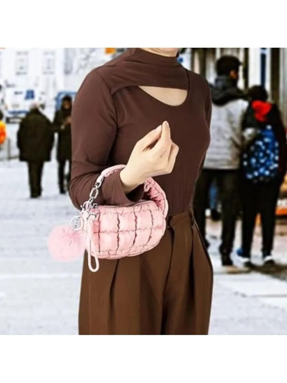 Women Pink Quilted Wristlet Bag Puffer Handbags Purse